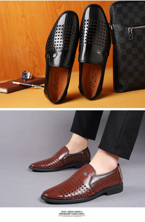 Elegant Men's Business Leather Sandals - Soft Bottom Hollow Hole Design for Middle-Aged and Elderly Dads - Comfortable Slip-On Footwear for Office and Career